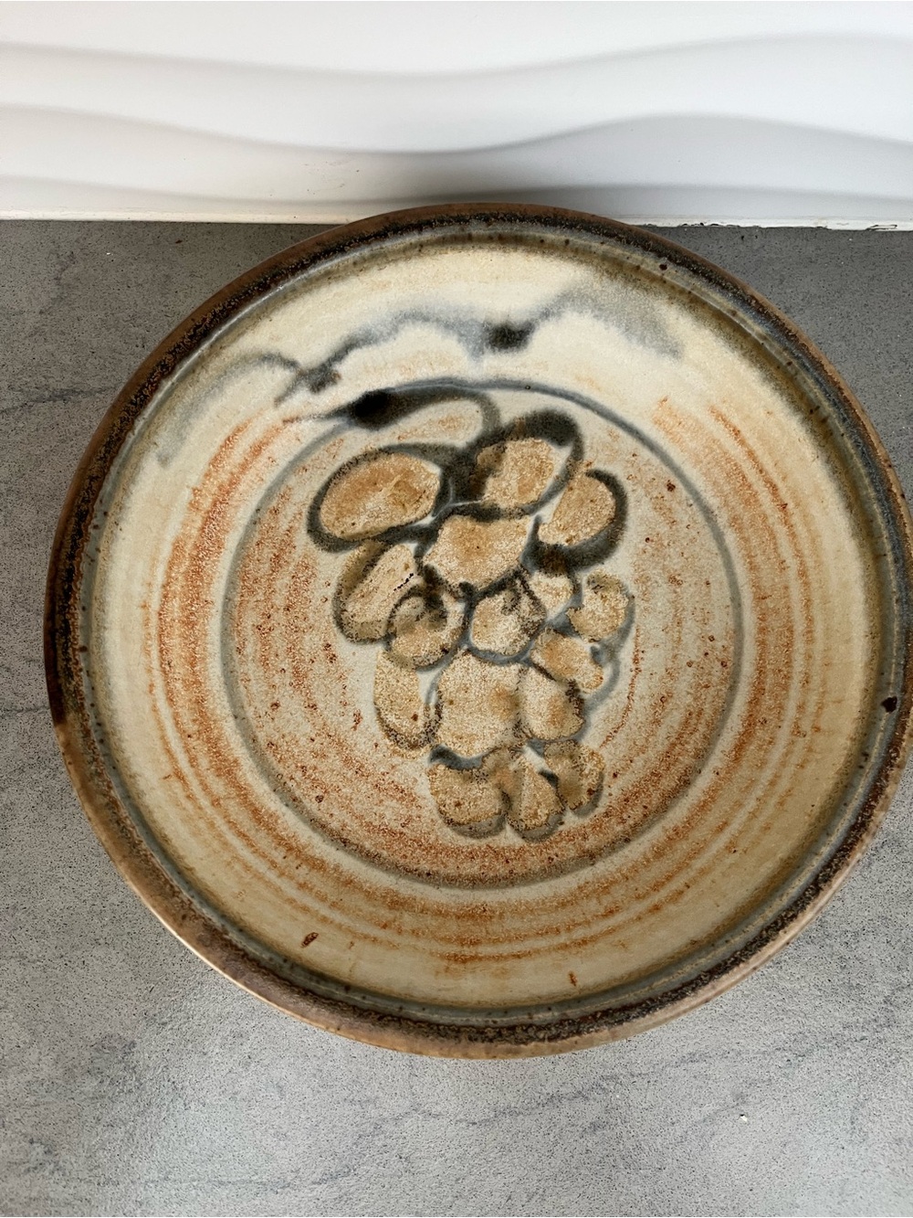 Handmade Vintage Pottery Serving Bowl in Cream and Brown with Grapevine Motif